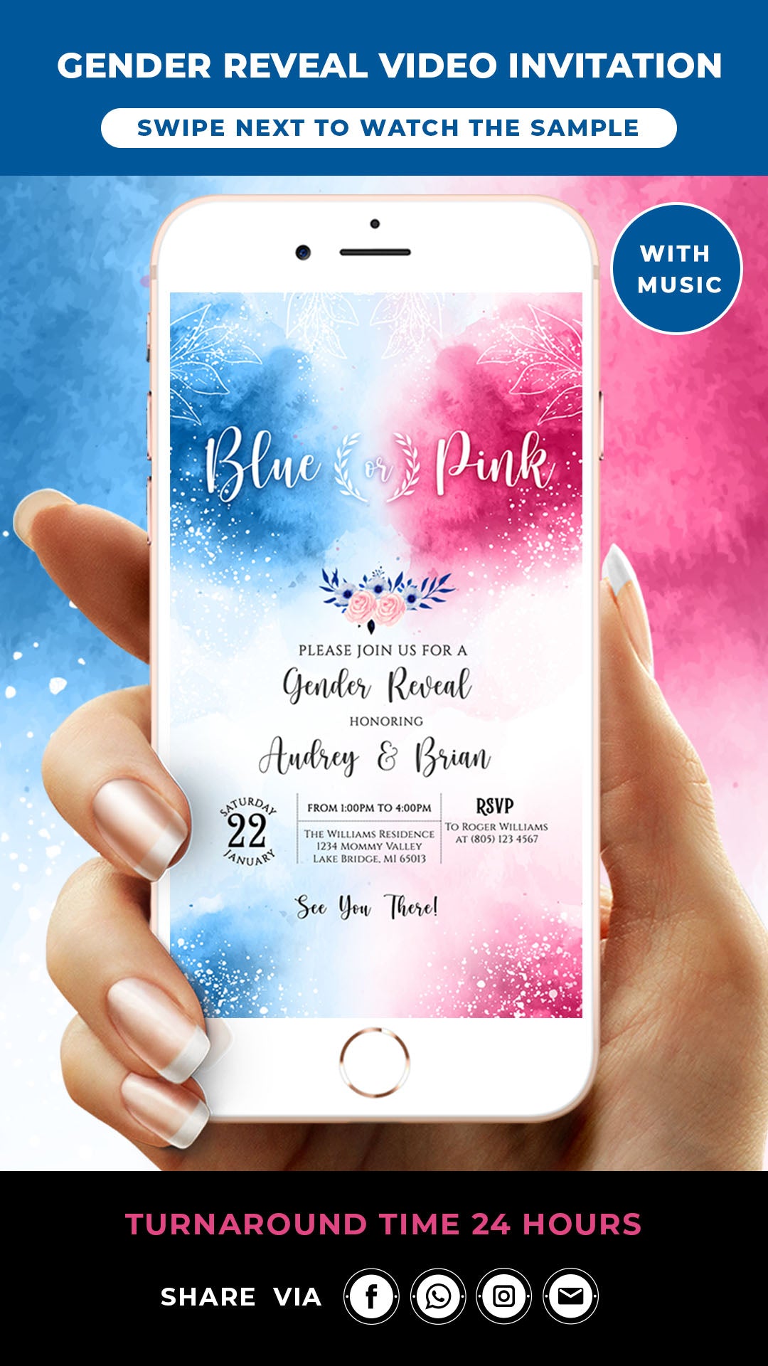 Blue Pink Gender Reveal Video Invitation