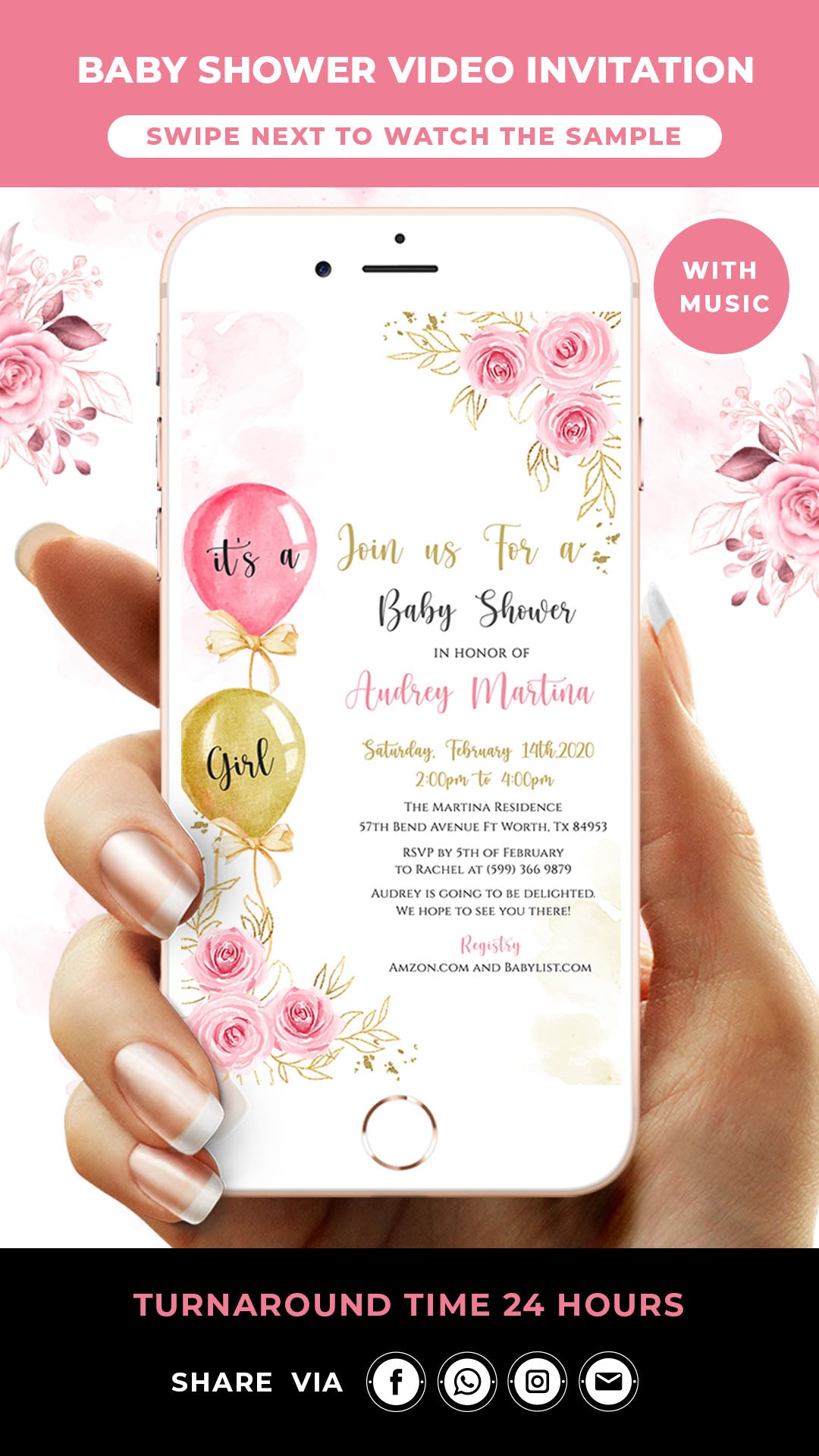Pink & Gold Balloon Baby Shower Video Invitation
