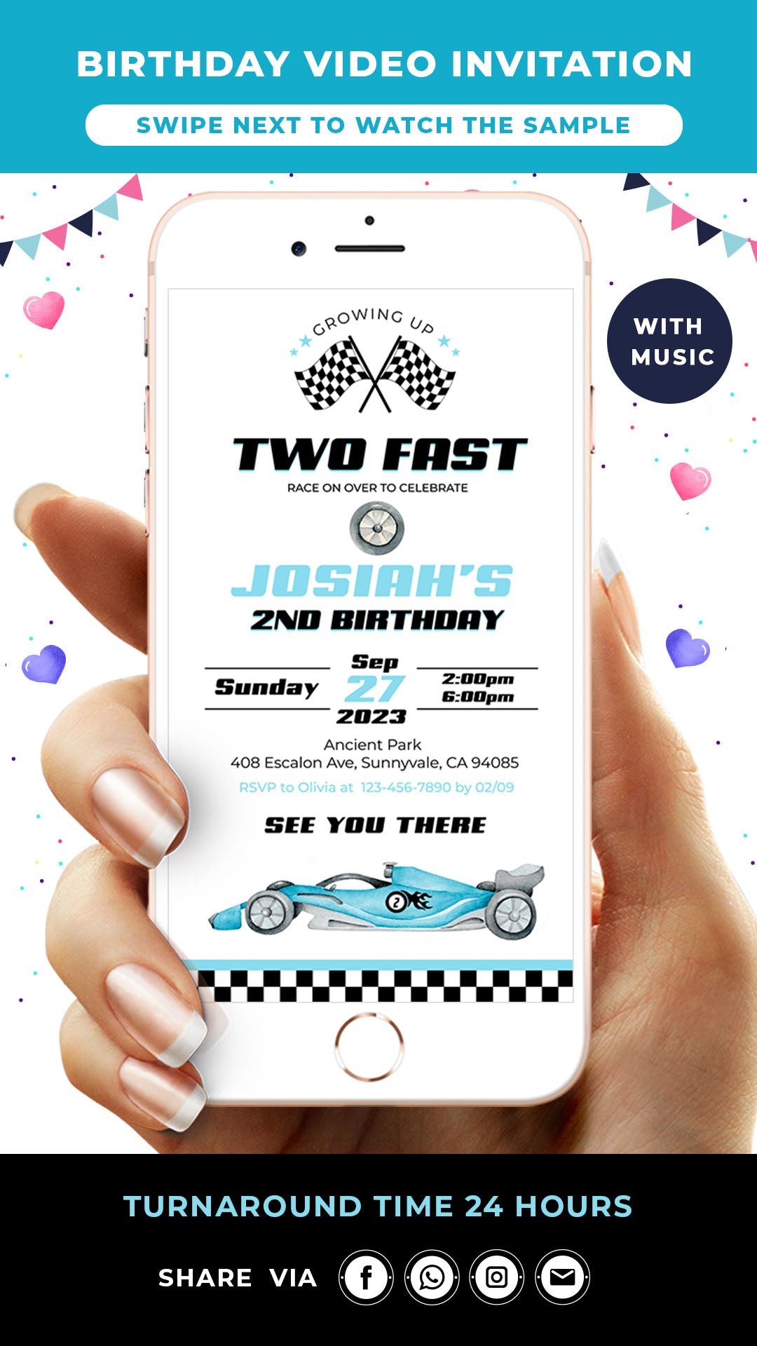 Two Fast Birthday Video Invitation Blue