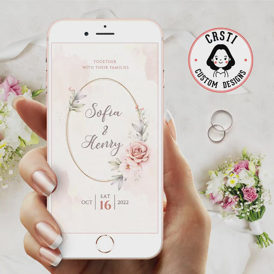 Elegant Unveiling: Peach and Gold Wedding Digital Video Invitation.