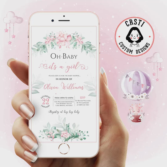 Floral Elegance: Girl Baby Shower Digital Video Invite Template!