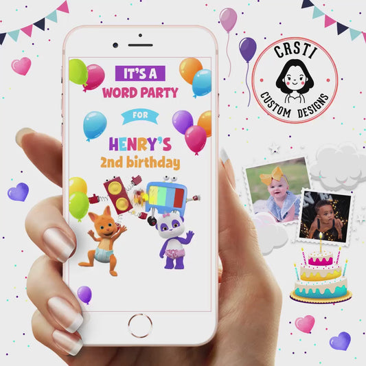 Word Party Fun: Vibrant Birthday Digital Video Invitation!