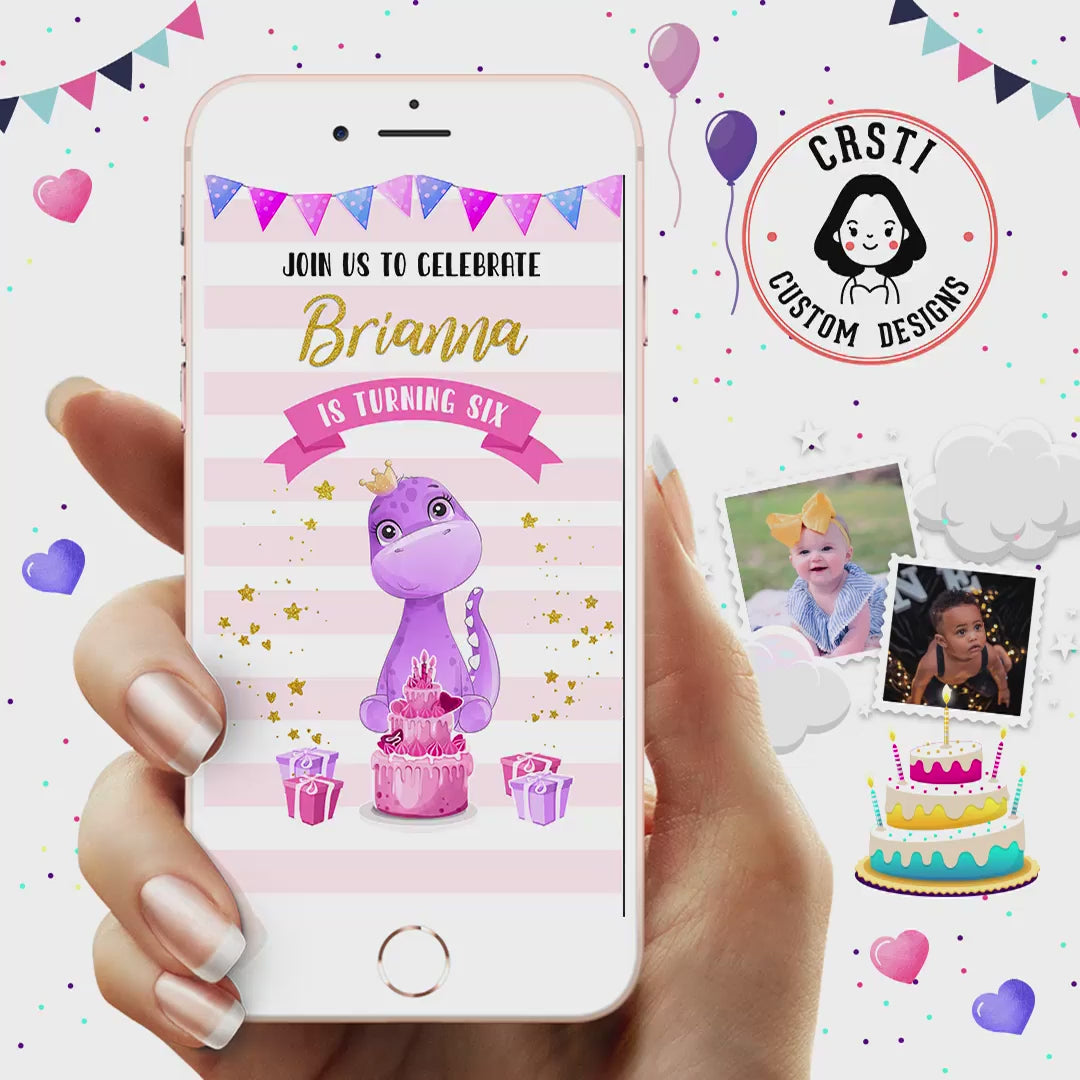 Pink Dinosaur Birthday Video Invitation – Crsti Custom Designs