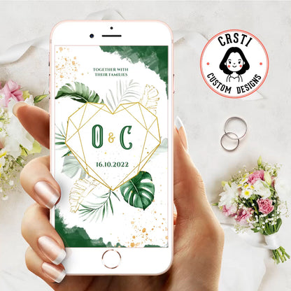 Chic Celebration: Greenery & Gold Wedding Digital Video Invitation Bliss!