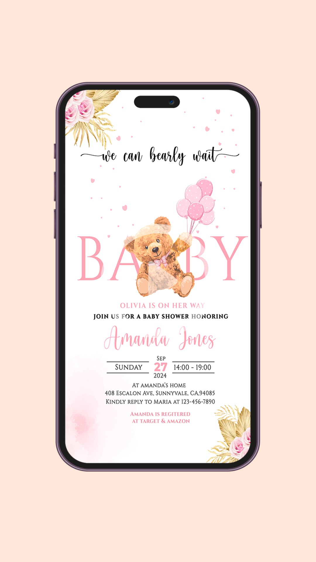 Pink Teddy Bear Baby Shower Video Invitation