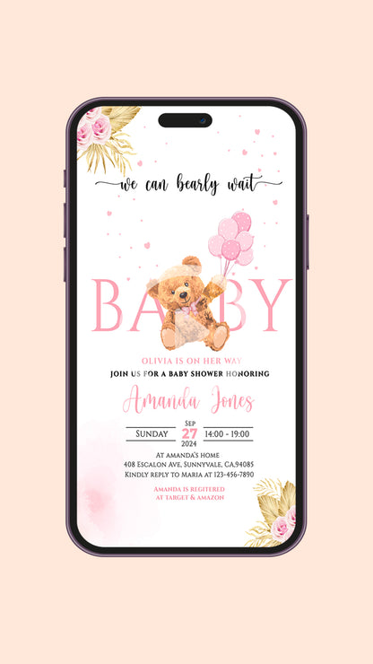 Pink Teddy Bear Baby Shower Video Invitation