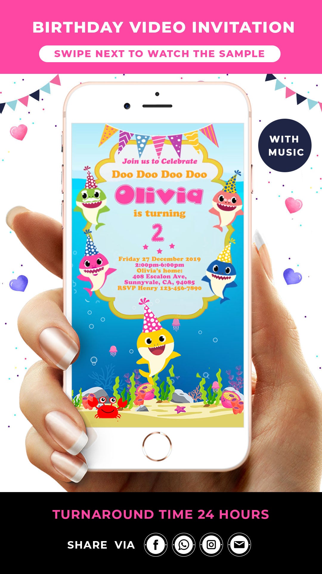 Baby Shark Girl Birthday Video Invitation