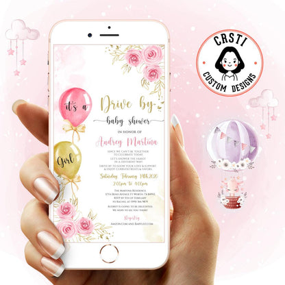 Balloon Bouquet Bliss: Rose & Gold Baby Shower Digital Invitation!"