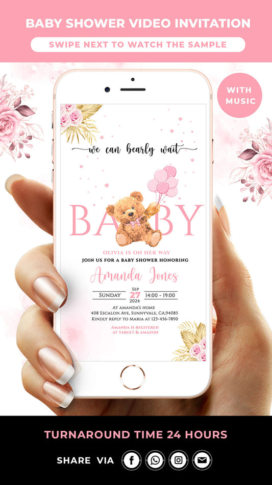 Pink Teddy Bear Baby Shower Video Invitation