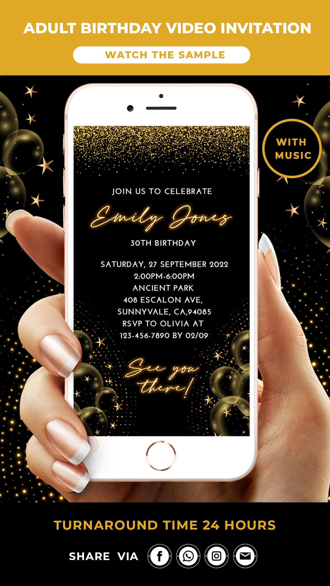 Black Gold 30th Birthday Invitation