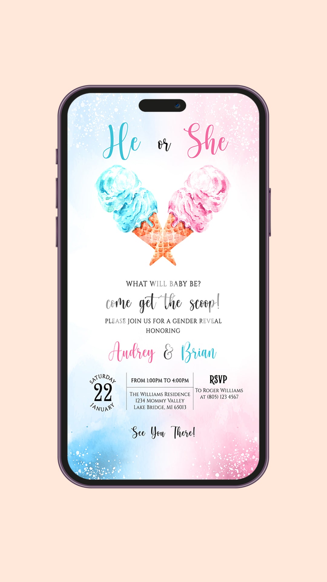 Blue Pink Ice Cream Gender Reveal Video Invitation