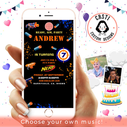 Hit the Bullseye: Dart Gun Birthday Invite Card Template!