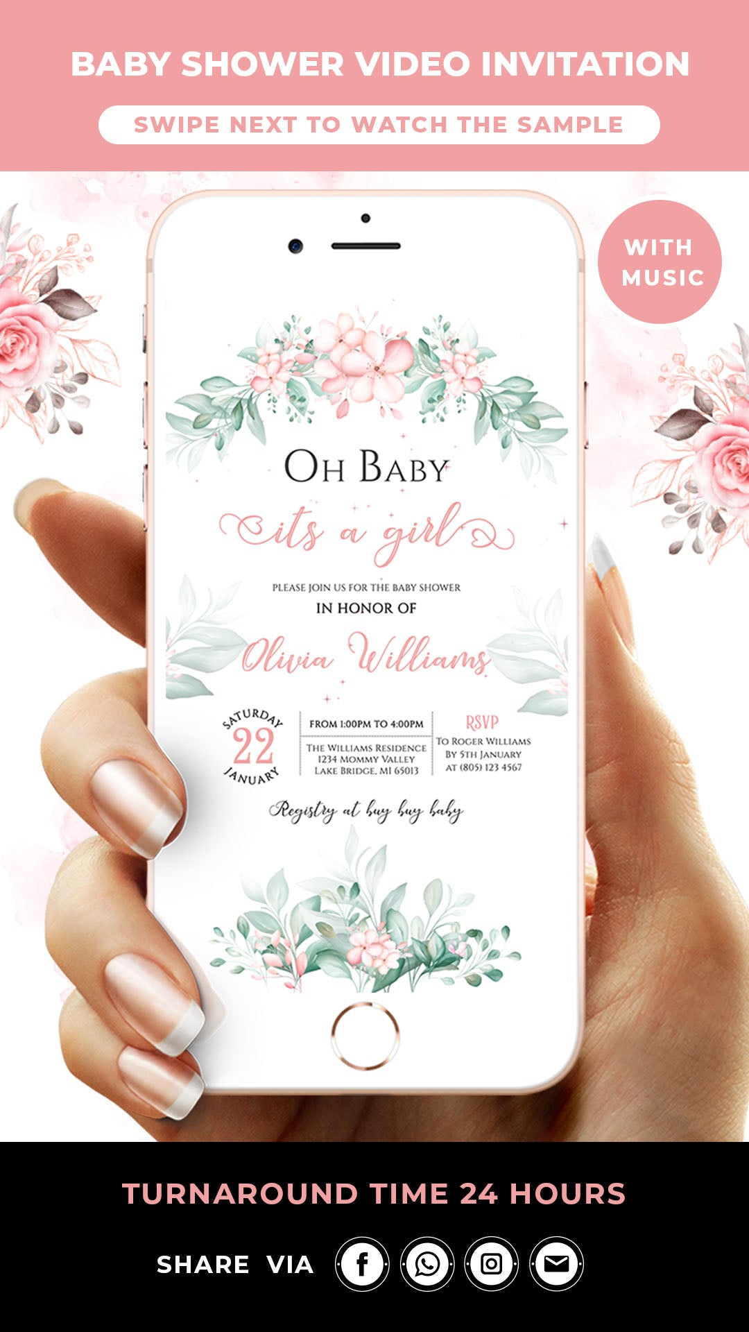 Pink baby shower invitation