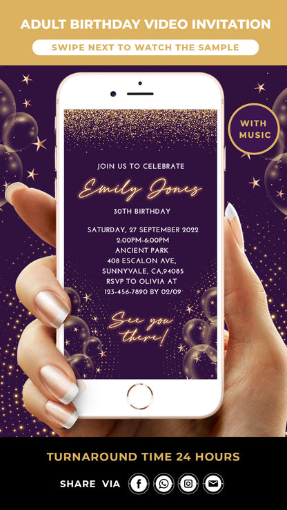 Purple 30th Birthday Video Invitation