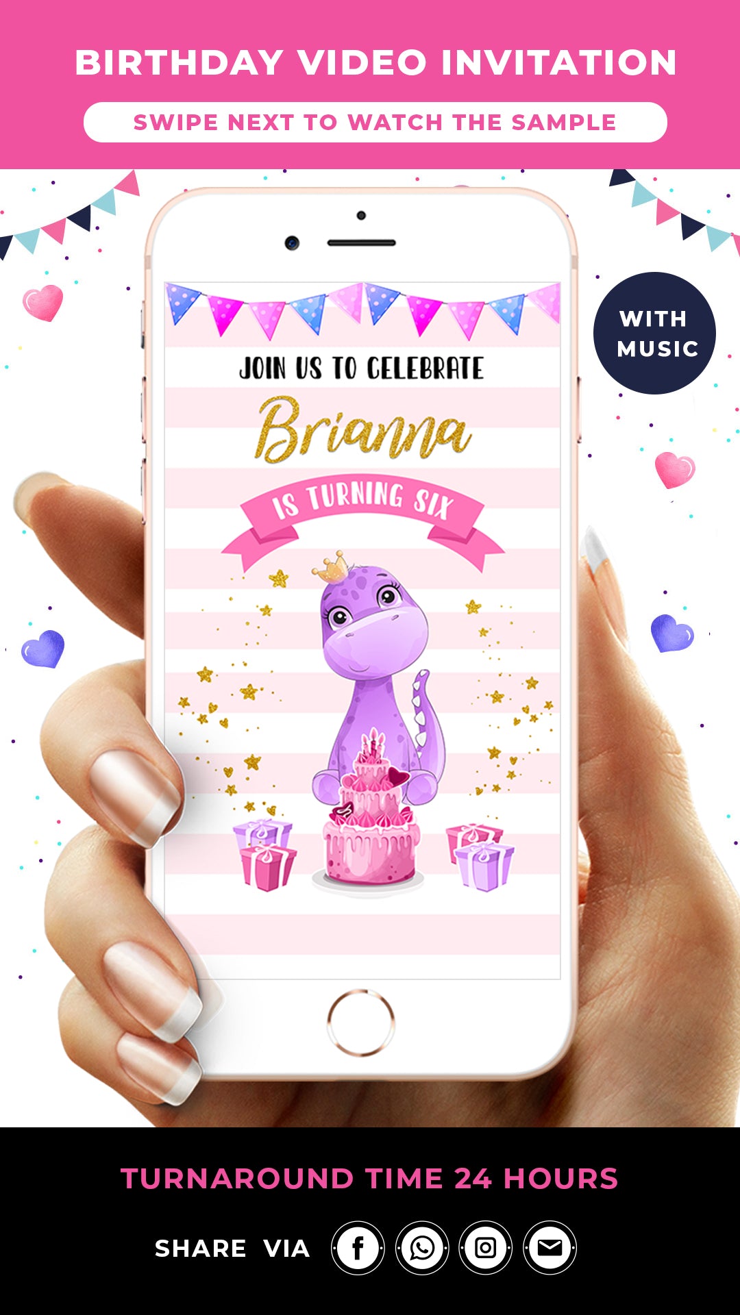 Pink Dinosaur Birthday Video Invitation