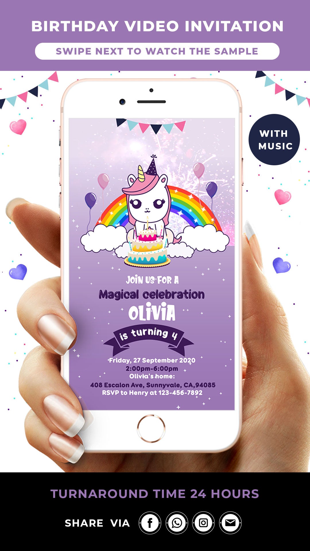 Cute Unicorn Birthday Invitation