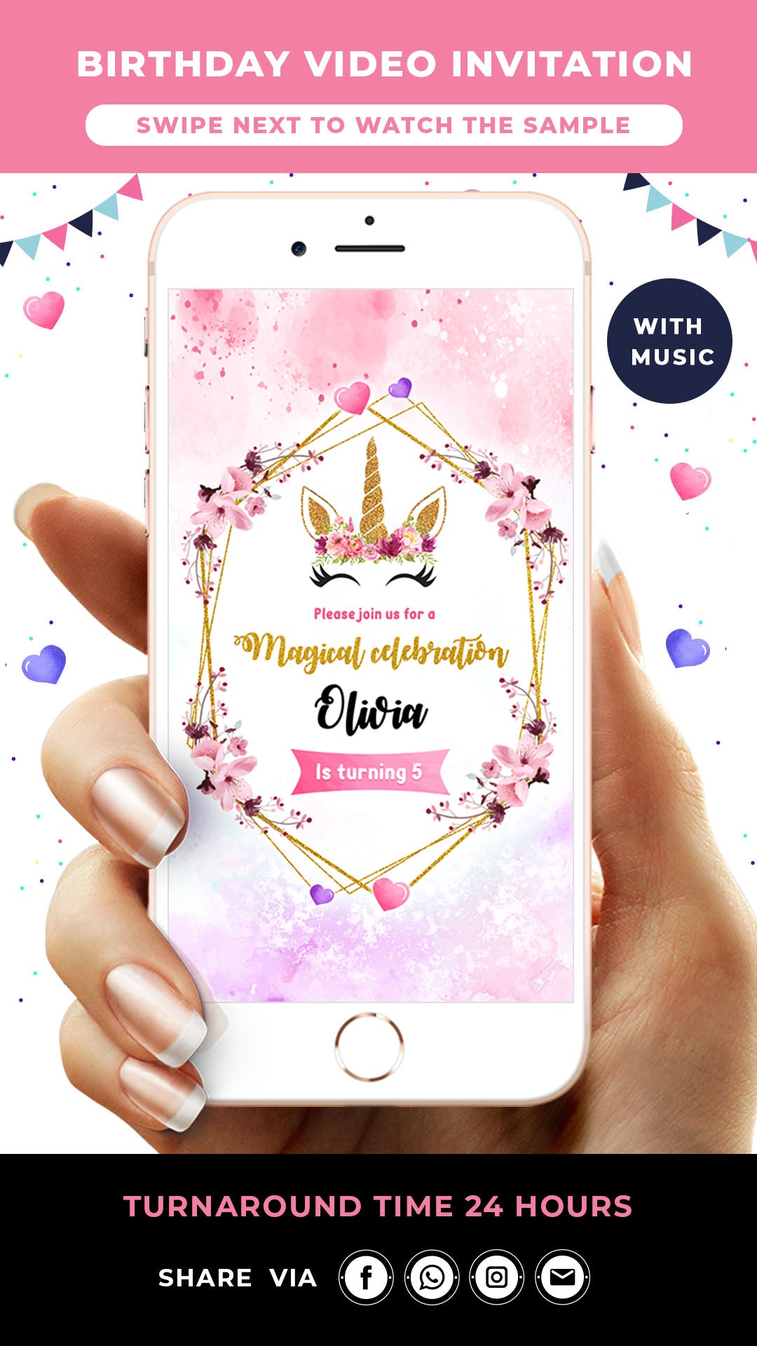 Pink Unicorn Digital Birthday Video Invitation