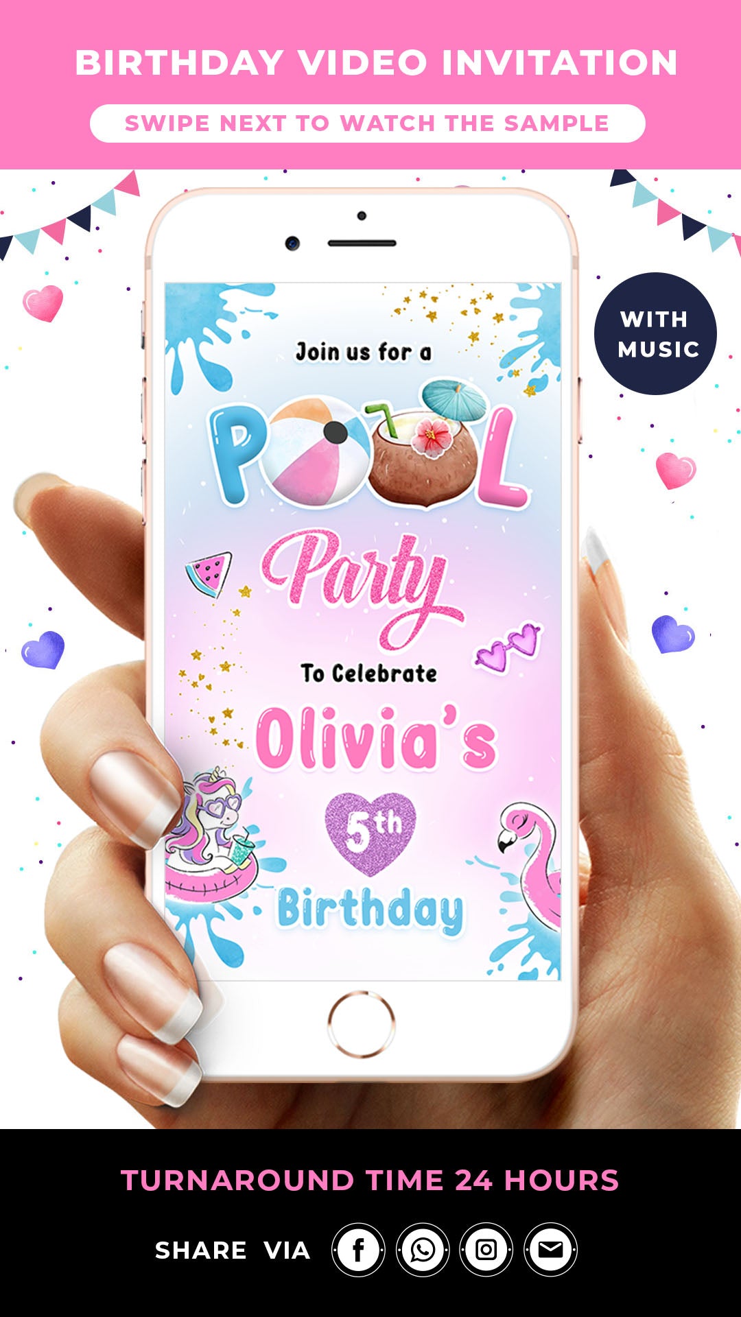 Unicorn Pool Party Birthday Invitation