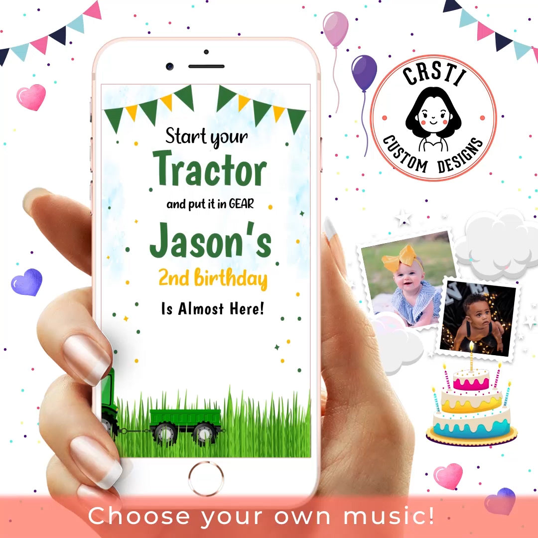 A Tractor Birthday Invitation with rural charm and playful vibes. The invitation showcases lively tractor illustrations, farm elements, and a countryside feel, setting the stage for a down-home celebration. Join us as we celebrate [Child's Name]'s birthday with tractor-themed fun, farm-inspired decorations, and a day filled with rural excitement. Get ready for a wheely good time at this tractor-themed bash—it's a party full of agricultural joy that you won't want to miss!