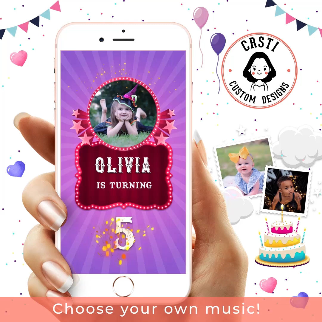 Custom Circus Birthday Invitation Card Template - An engaging and personalized template capturing the magic of the big top. Ideal for crafting invitations that uniquely set the stage for a vibrant and unforgettable circus-themed birthday celebration. Download now for seamless digital sharing and high-quality printing.