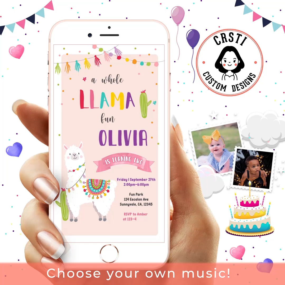 A Llama Birthday Invitation with whimsical charm. The invitation showcases adorable llama illustrations adorned with festive decorations, creating a delightful and playful atmosphere. Join us as we celebrate [Child's Name]'s birthday with llama-themed fun, colorful decorations, and a day filled with joy and laughter. Get ready for a llama-tastic celebration—it's a party you won't want to miss! Let the birthday llama drama begin!