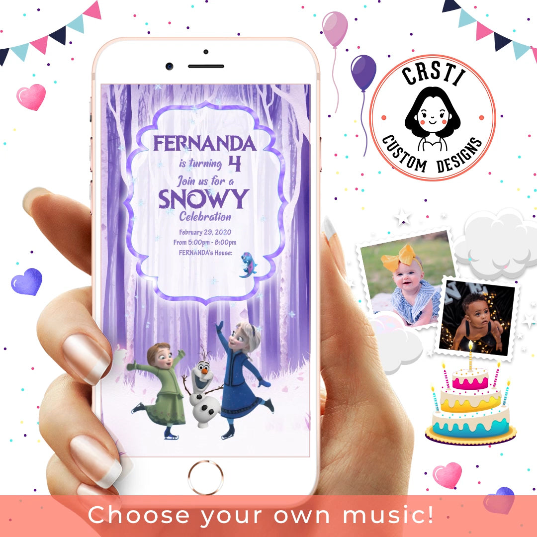 A Frozen-themed birthday party invitation template, featuring enchanting winter imagery and beloved characters from the movie 'Frozen.' Decorated with snowflakes, icicles, and the iconic Elsa, Anna, and Olaf, this invitation sets the stage for a magical celebration. Join us as we celebrate [Child's Name]'s birthday with frosty fun, games, and delightful treats in a winter wonderland setting. Let the enchantment begin!