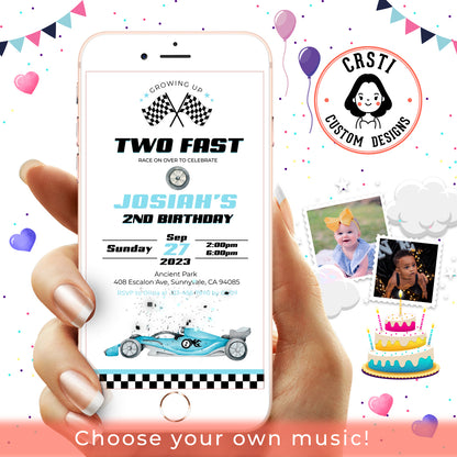 Race to Fun: Blue Version of Two Fast Birthday Invitation!