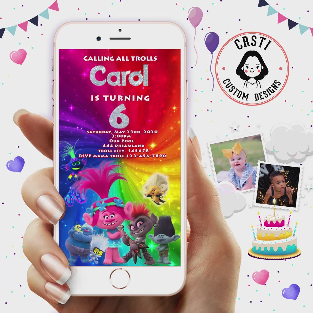 Colorful Adventure: Trolls Birthday Digital Video Invitation!