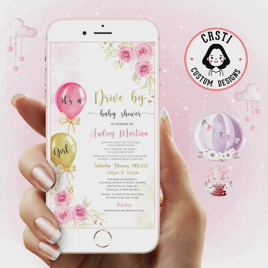 Elegance in Bloom: Rose & Gold Balloon Baby Shower Digital Invite!