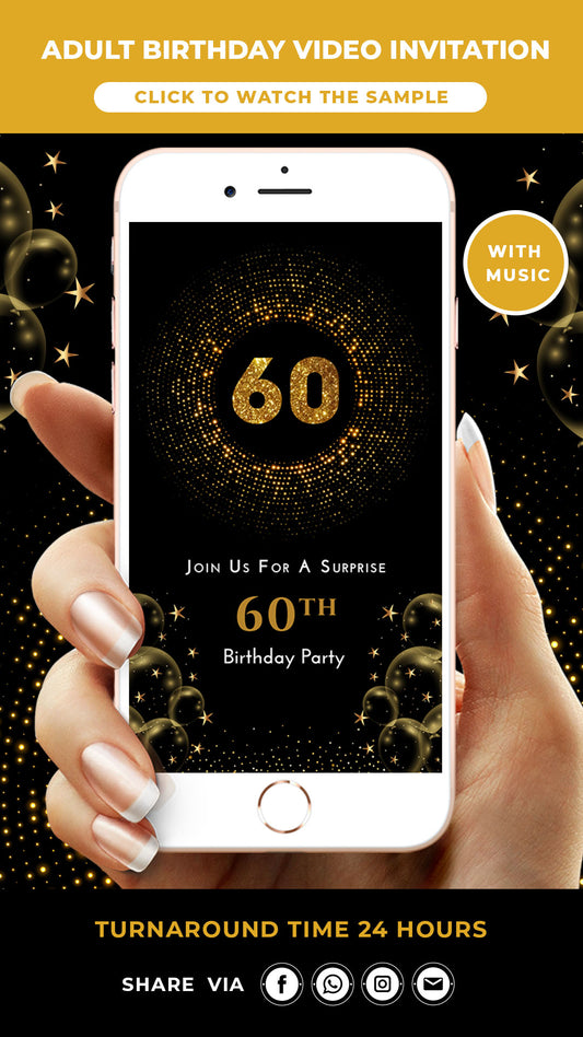 60th Surprise Birthday Video Invitation Black & Gold