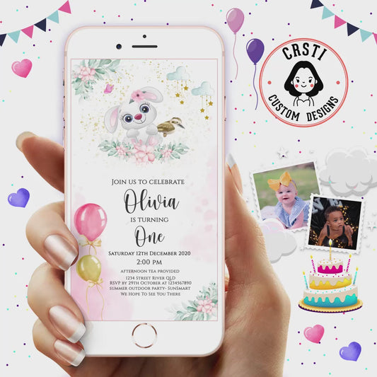 Hoppy Celebration: Cute Bunny Birthday Digital Video Invite Template!