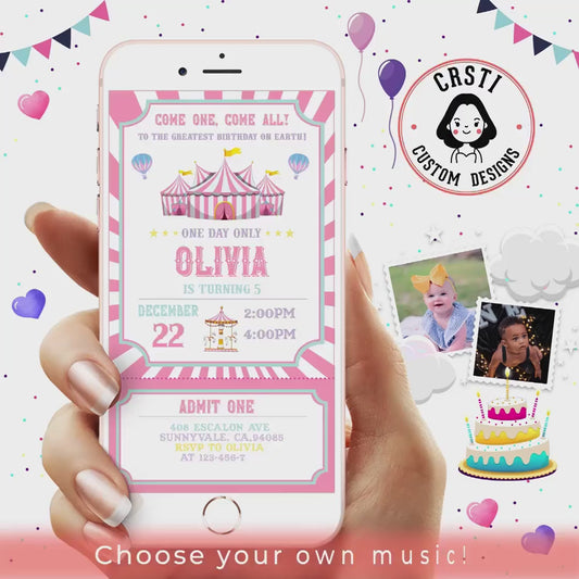 Carnival Ticket Birthday Digital Video Invitation Pink Version
