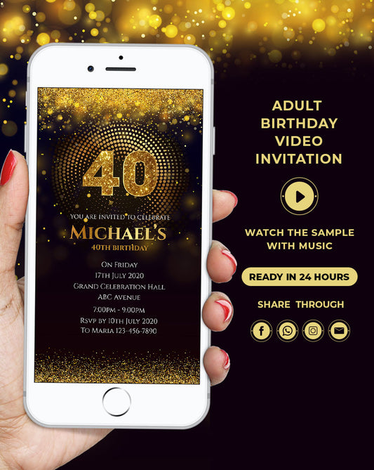Invitación mágica de video digital de 40 cumpleaños Tema negro y dorado