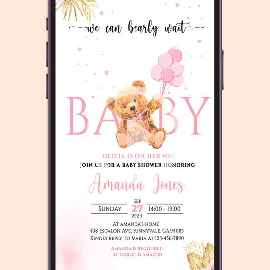 Pink Teddy Bear Baby Shower Video Invitation