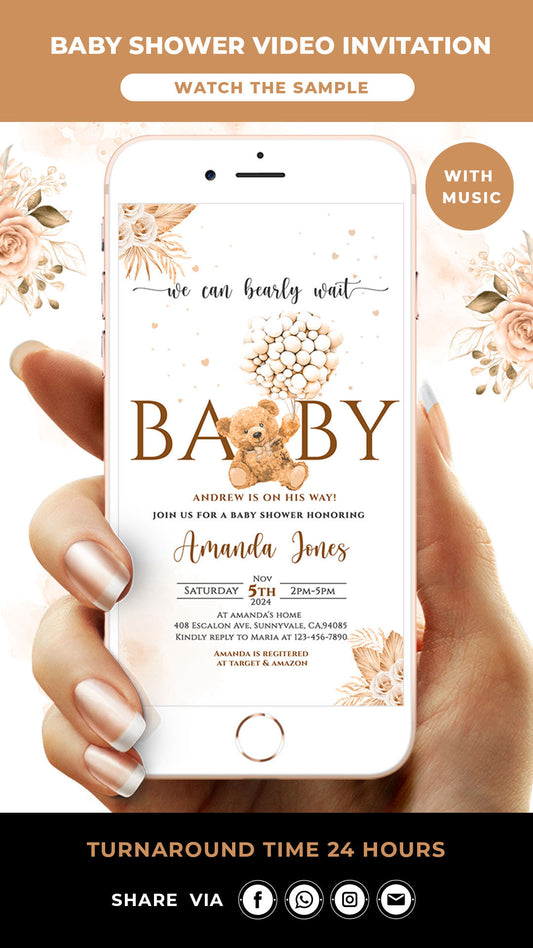 Boho Teddy Bear Baby Shower Video Invitation