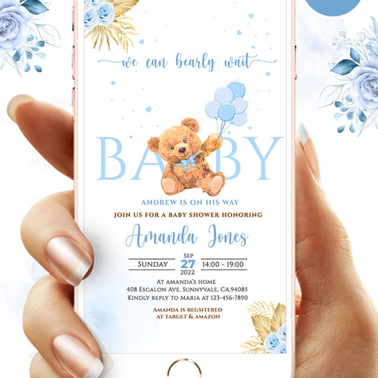 Boho Teddy Bear Boy Baby Shower Video Invitation
