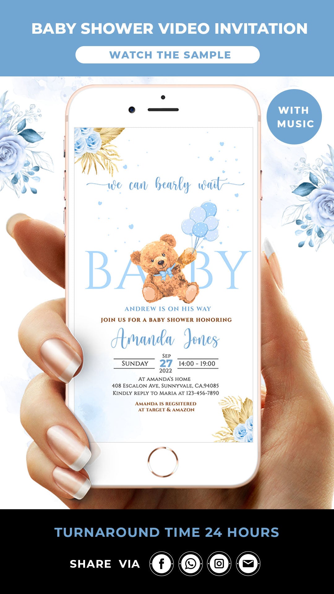 Boho Teddy Bear Boy Baby Shower Video Invitation