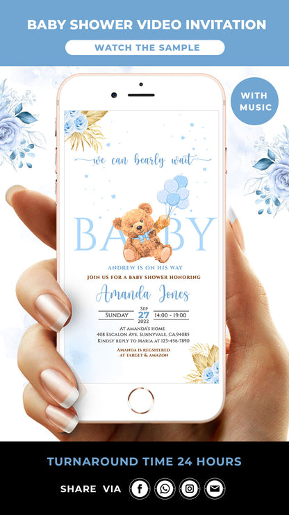 Boho Teddy Bear Boy Baby Shower Video Invitation