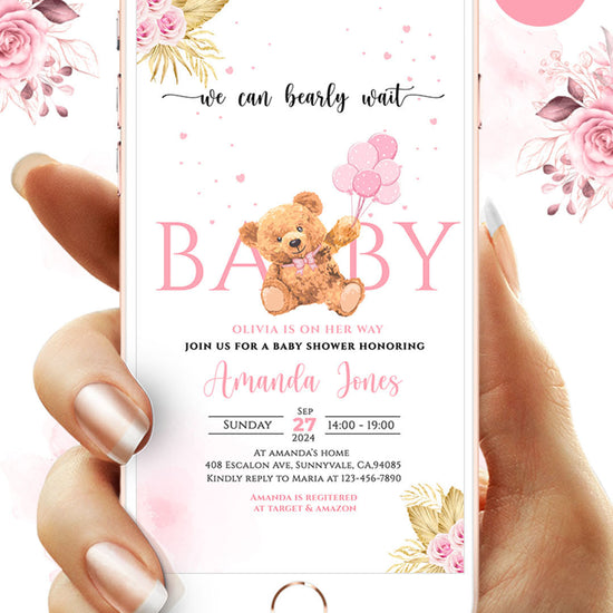Pink Teddy Bear Baby Shower Video Invitation