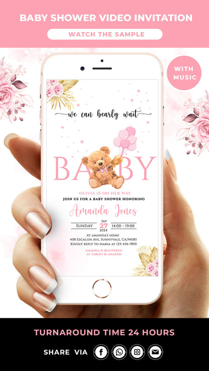 Pink Teddy Bear Baby Shower Video Invitation