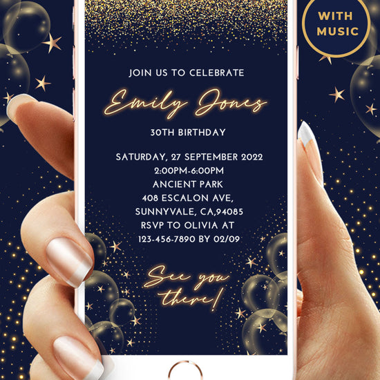 Blue Gold 30th Birthday Video Invitation
