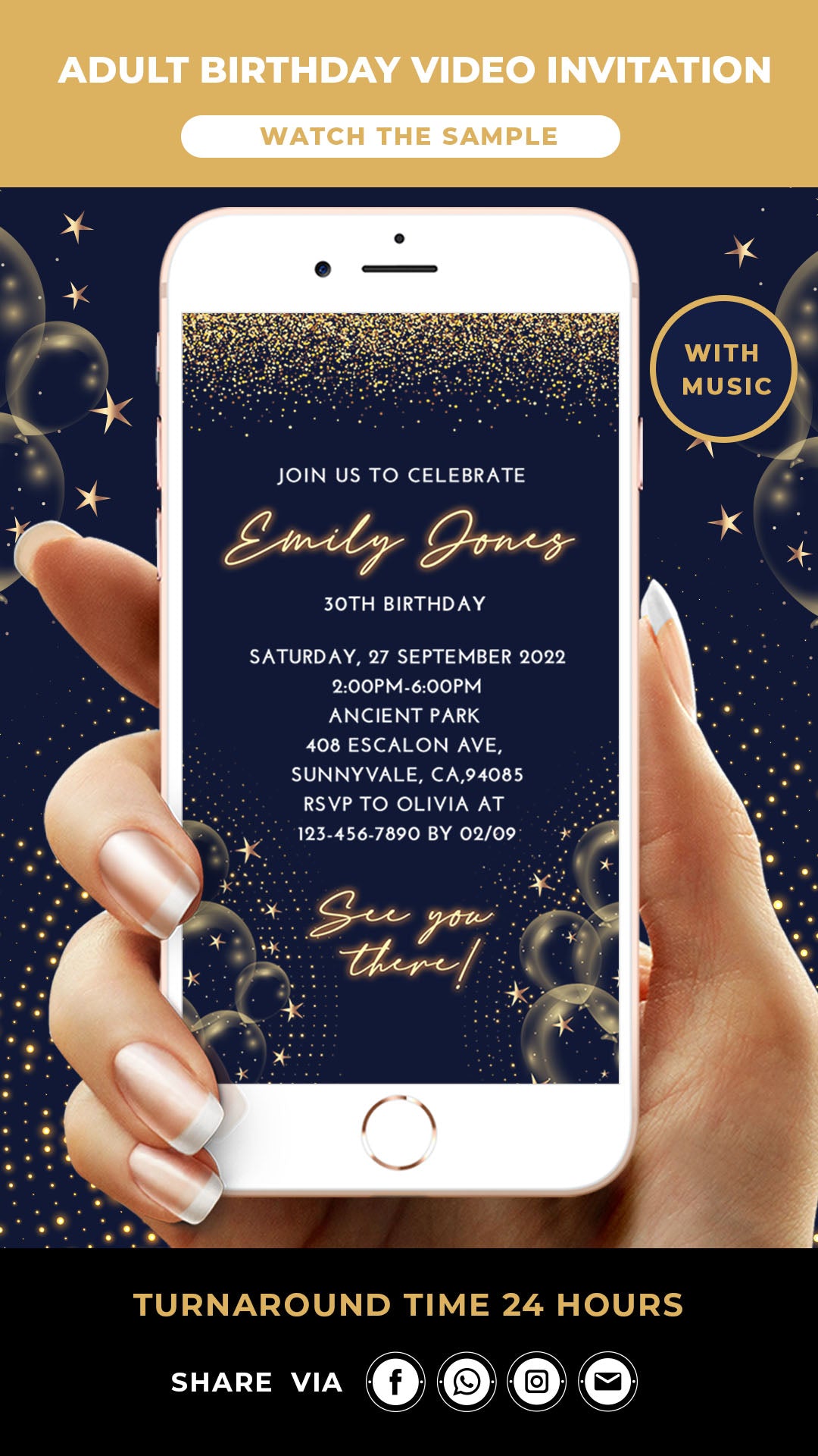 Blue Gold 30th Birthday Video Invitation