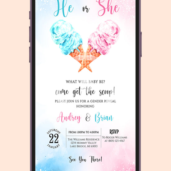 Scoops of Surprise: Ice Cream Gender Reveal Blue Pink Invitation Bliss!