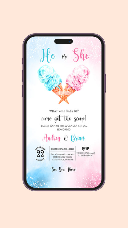 Scoops of Surprise: Ice Cream Gender Reveal Blue Pink Invitation Bliss!