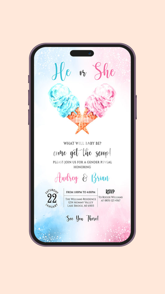 Scoops of Surprise: Ice Cream Gender Reveal Blue Pink Invitation Bliss!