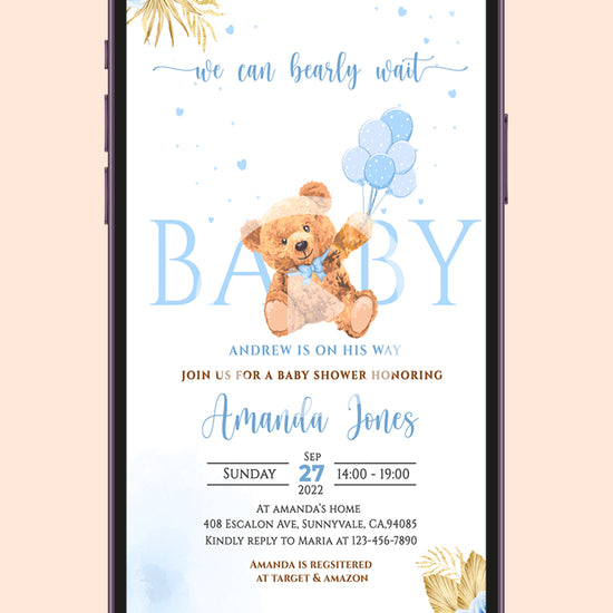 Boho Teddy Bear Boy Baby Shower Video Invitation