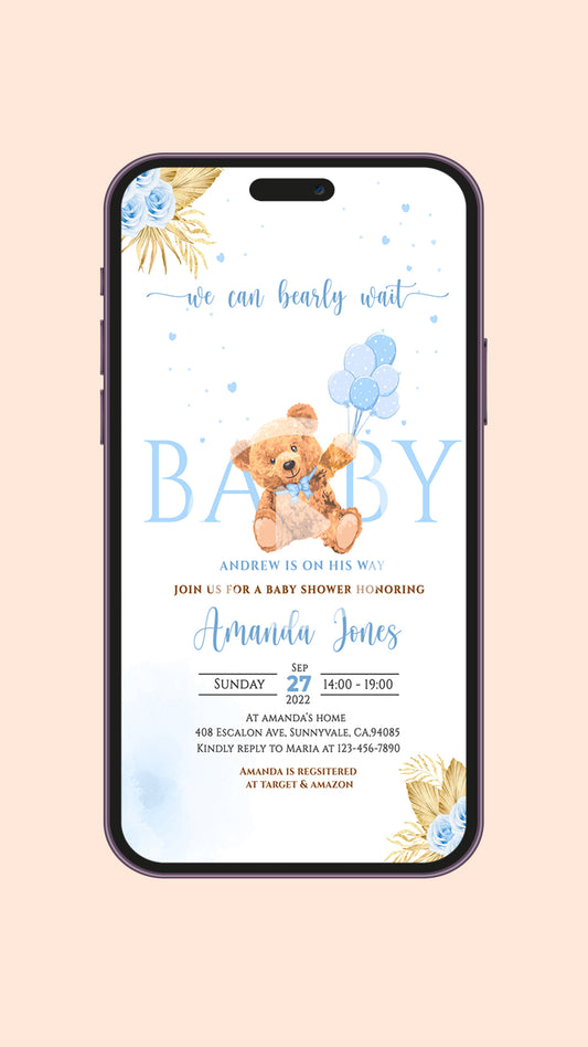 Boho Teddy Bear Boy Baby Shower Video Invitation