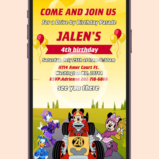 Mickey Mouse Roadster Birthday Video Invitation