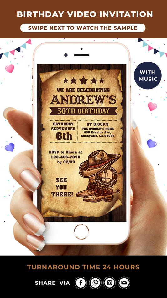 Digital Country Western Birthday Video Invitation