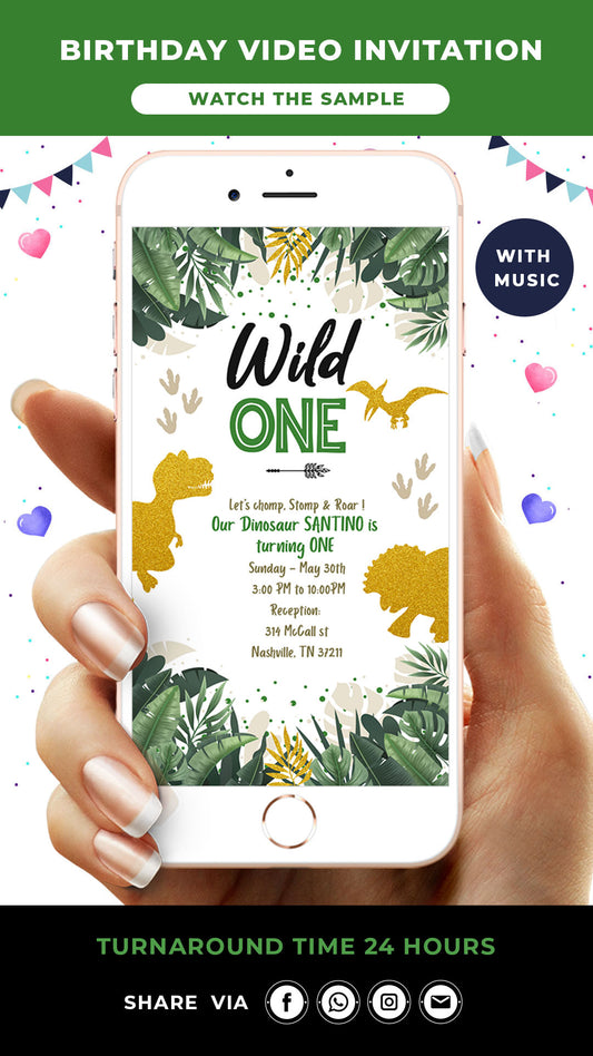 Dinosaur Wild One Birthday Video Invitation